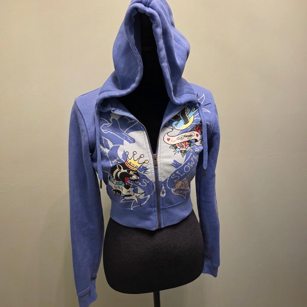 Ed Hardy Love Kills Slowly Cropped Zip Up Hoodie Blue Panther Tattoo Y2K Small